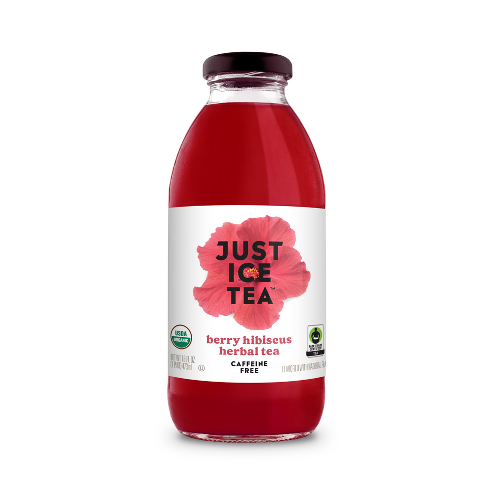 A bottle of Just Ice Tea Organic Caffeine Free Berry Hibiscus Herbal Tea