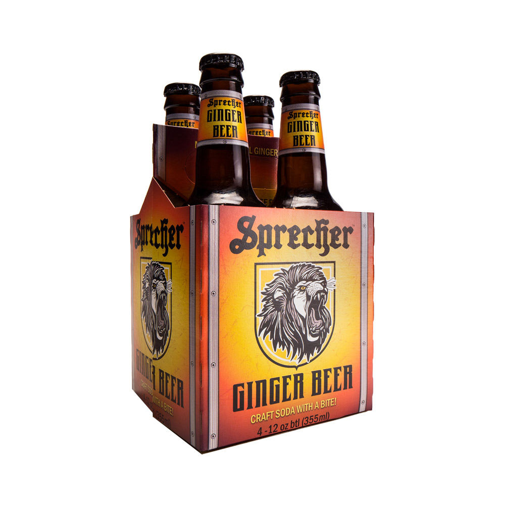 Four pack of Sprecher ginger beer bottles