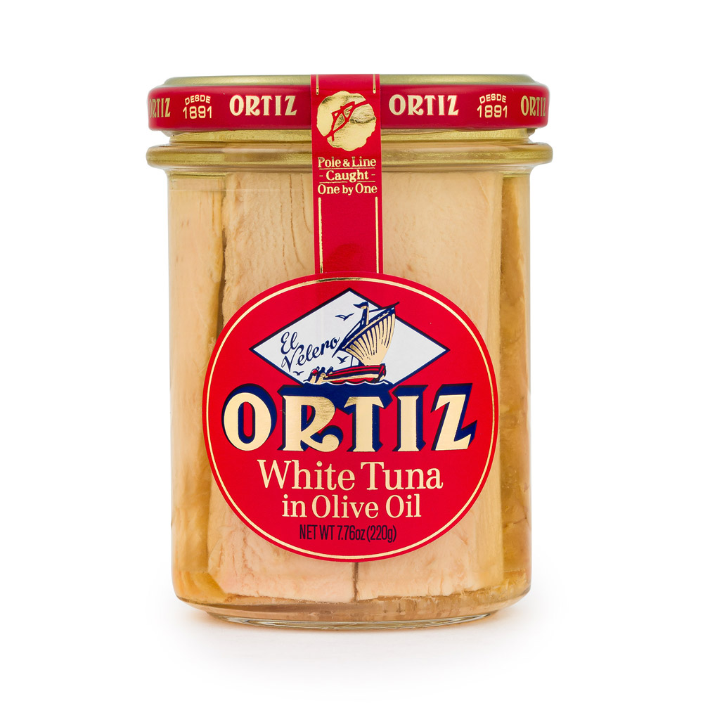 The front of a jar of Conservas Ortiz White Tuna in Olive Oil