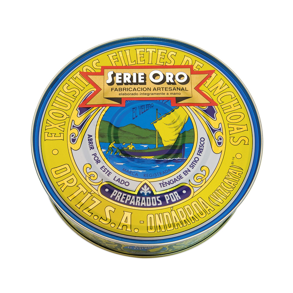A tin of Conservas Ortiz anchovies in olive oil