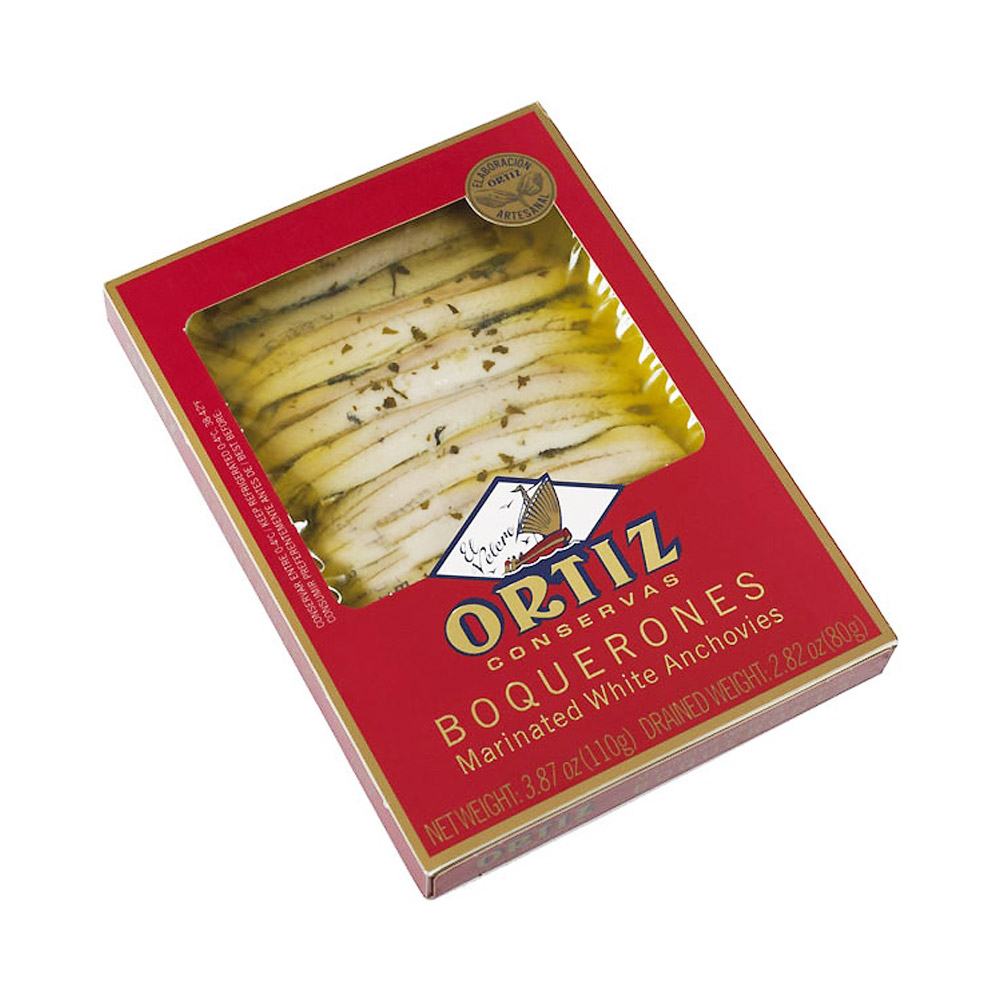 A package of Conservas Ortiz marinated fresh white anchovies