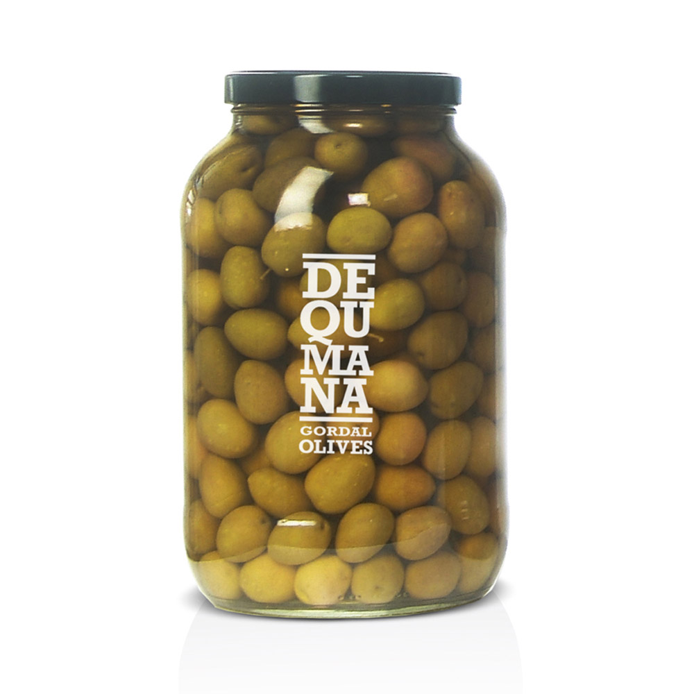 A large jar of Dequmana Gordal Olives