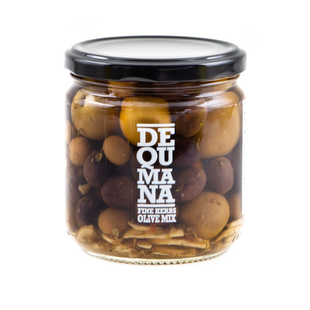 jar of dequmana mixed olives with herbs