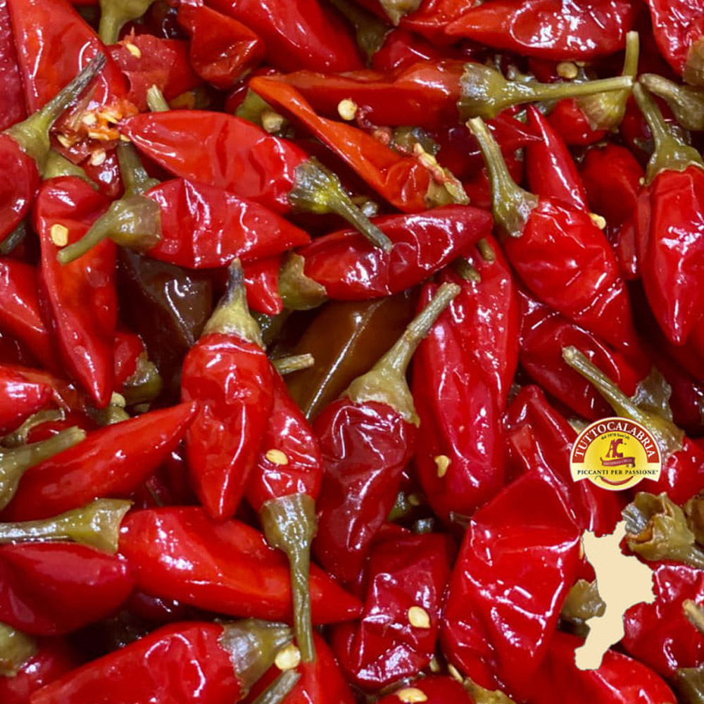 A close-up of Calabrian chili peppers