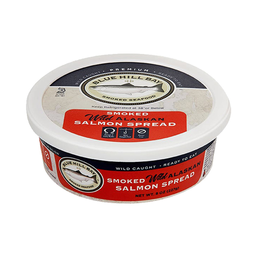 A container of Blue Hill Bay smoked wild Alaskan salmon spread