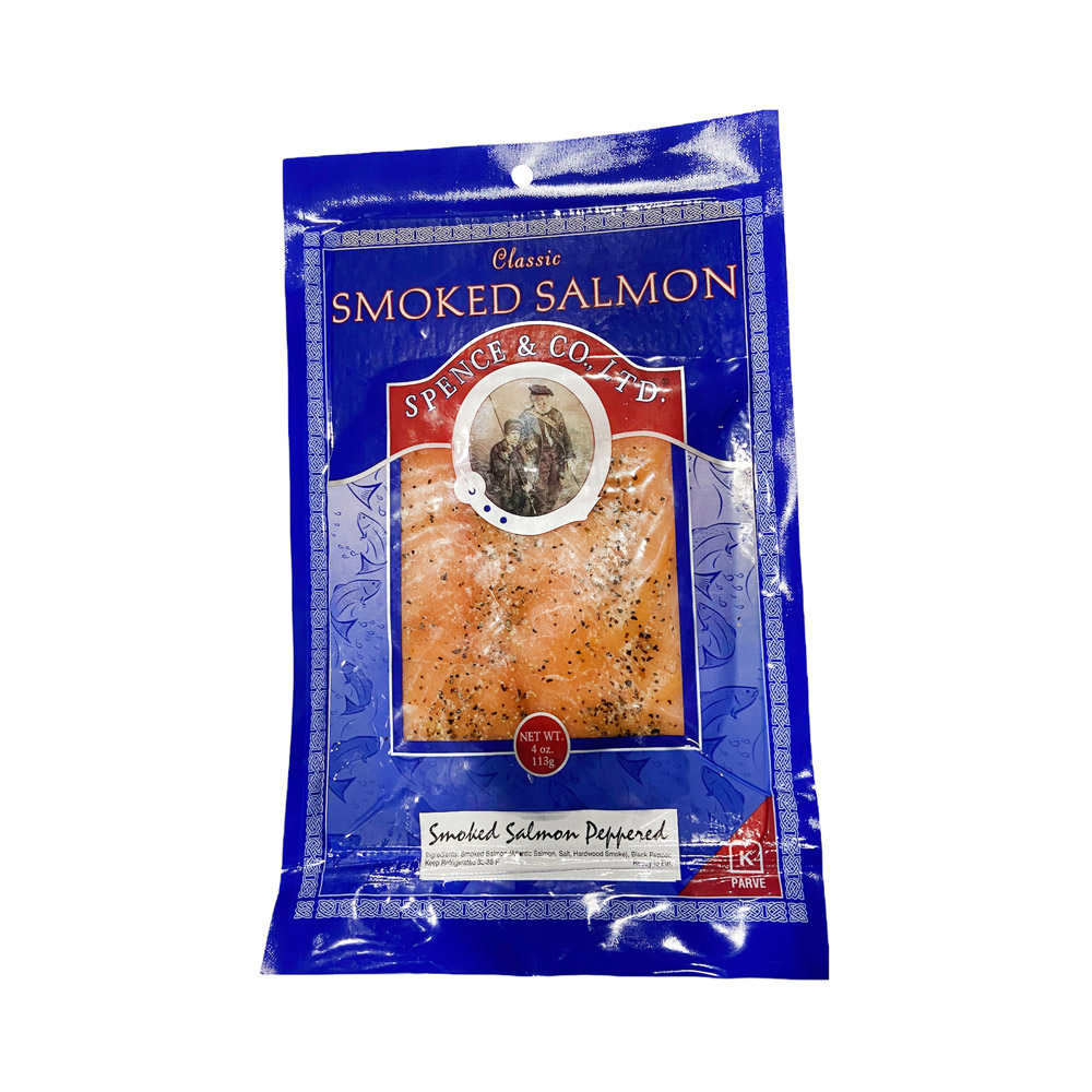 A package of Spence & Co. Ltd. classic smoked peppered salmon