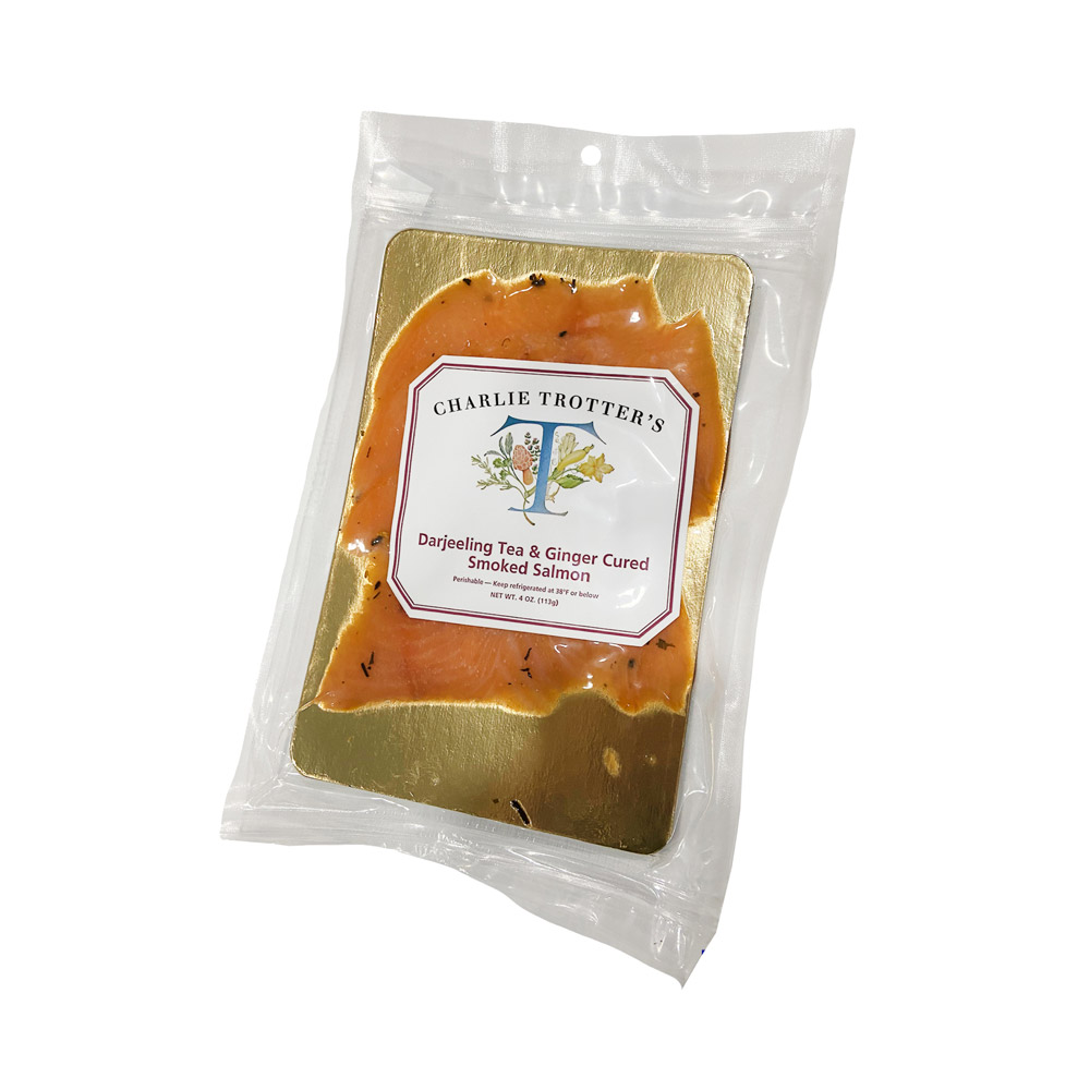 A package of Charlie Trotter's Darjeeling tea & ginger cured smoked salmon