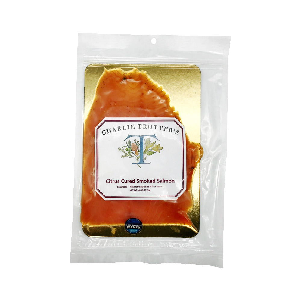 A package of Charlie Trotter's citrus cured smoked salmon