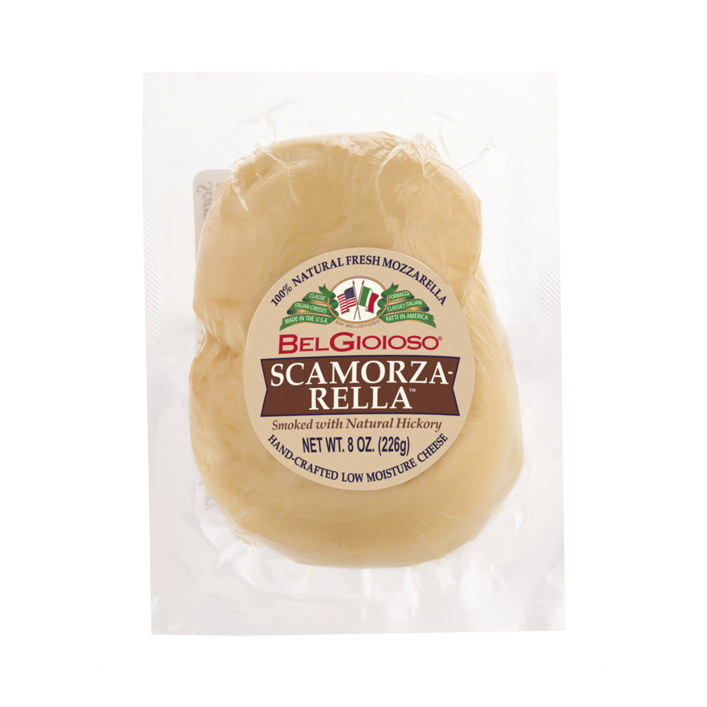 A piece of BelGioioso Scamorza-Rella in the packaging