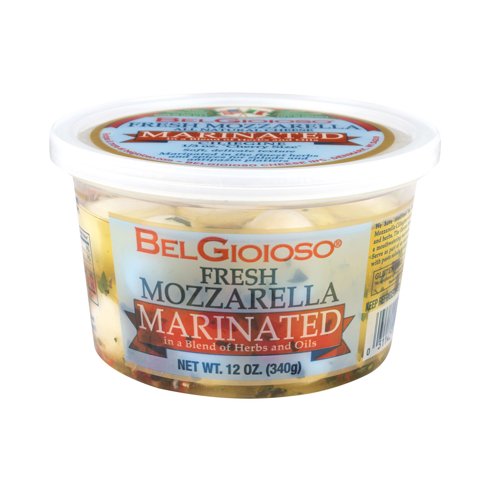 A plastic container of BelGioioso marinated mozzarella