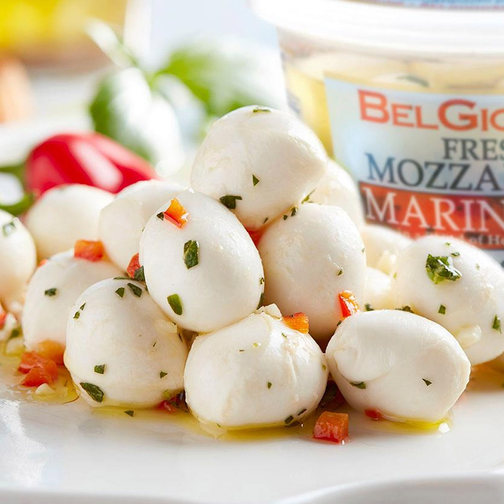 A pile of BelGioioso marinated mozzarella