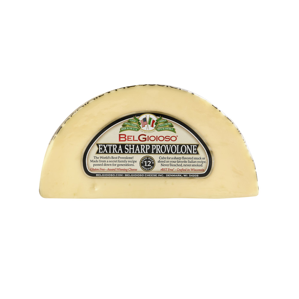 BelGioioso extra sharp provolone cheese wedge in packaging