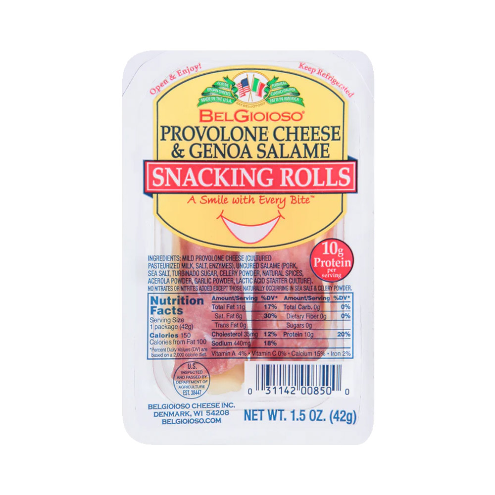 BelGioioso provolone cheese & genoa salame snacking rolls in packaging