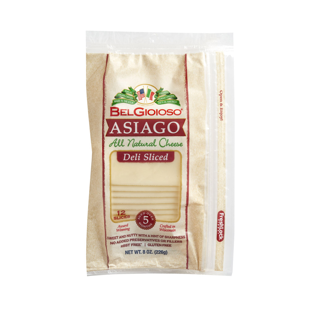 A package of BelGioioso sliced Asiago cheese