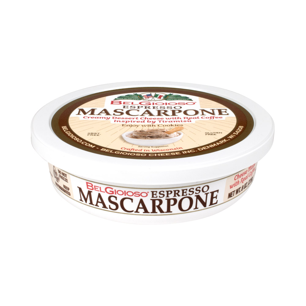 A tub of BelGioioso Espresso Mascarpone cheese