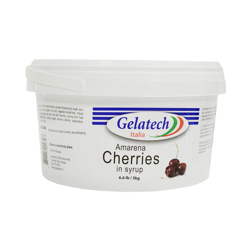 Bucket of Gelatech amarena cherries in syrup