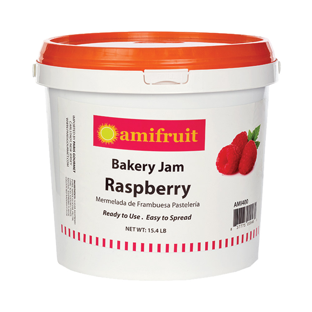 Tub of Amifruit natural seedless raspberry bakery jam