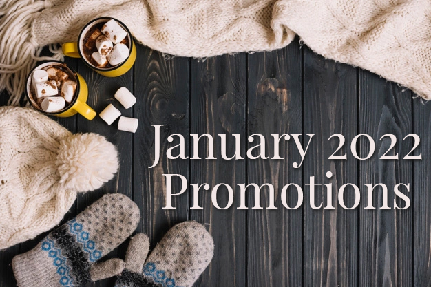 January 2022 Promotions with hot cocoa, gloves, hat and scarf