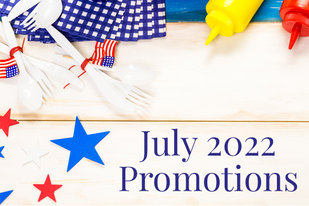 July 2022 Promotions table with plastic cutlery and fourth of July decor