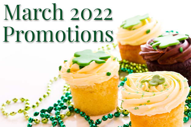 March 2022 Promotions, photo of cupcakes with clovers on them
