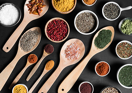 Spices displayed on spoons