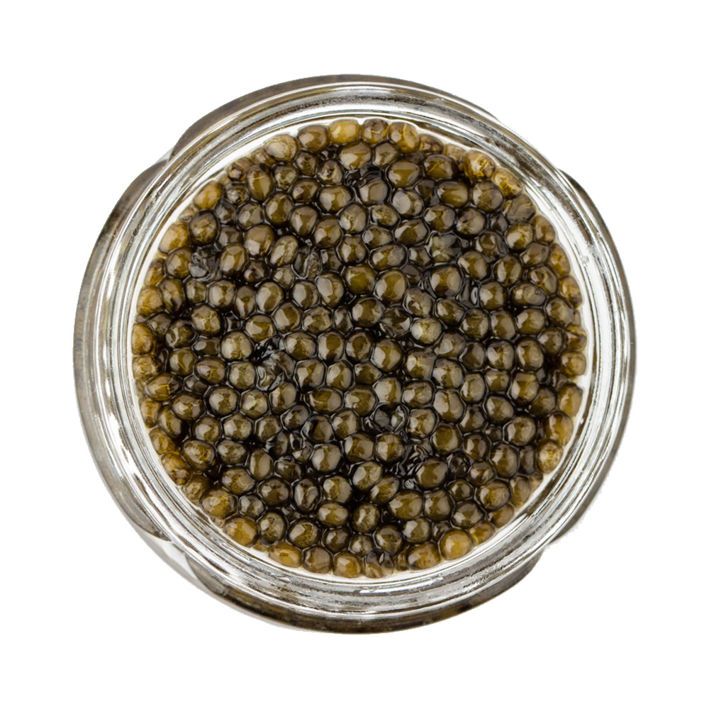An open jar of Iranian Pearl Asetra caviar