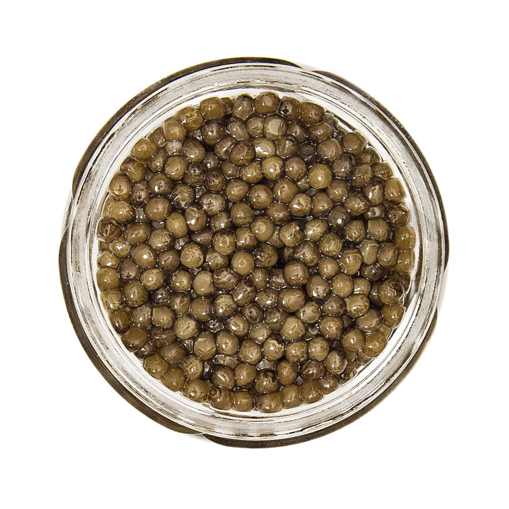 An open jar of Russian Osetra caviar